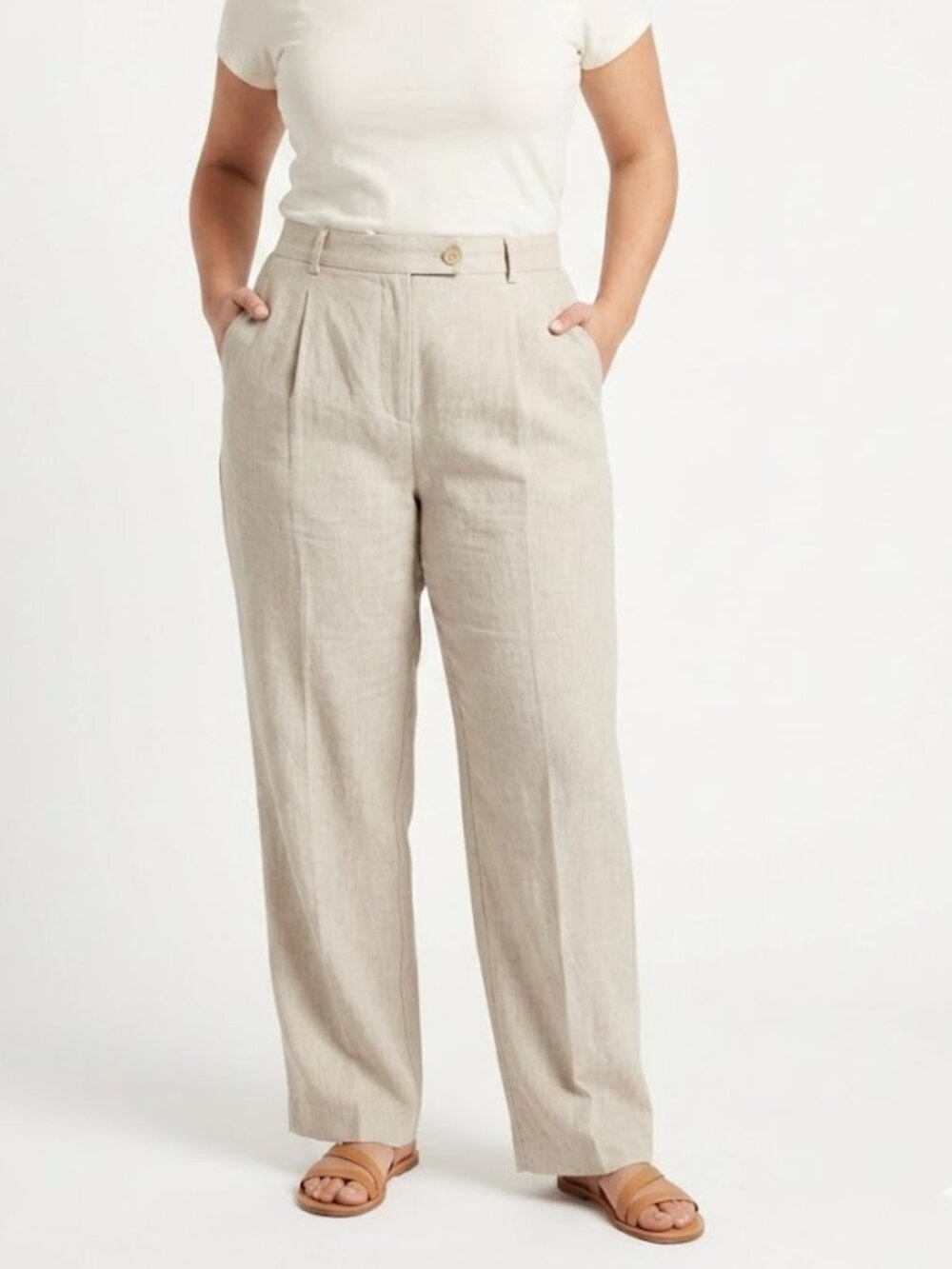 NEW Adolfo Studio High Rise Waisted 100% Linen Lined Beige Khaki Pin Tucked Pant
